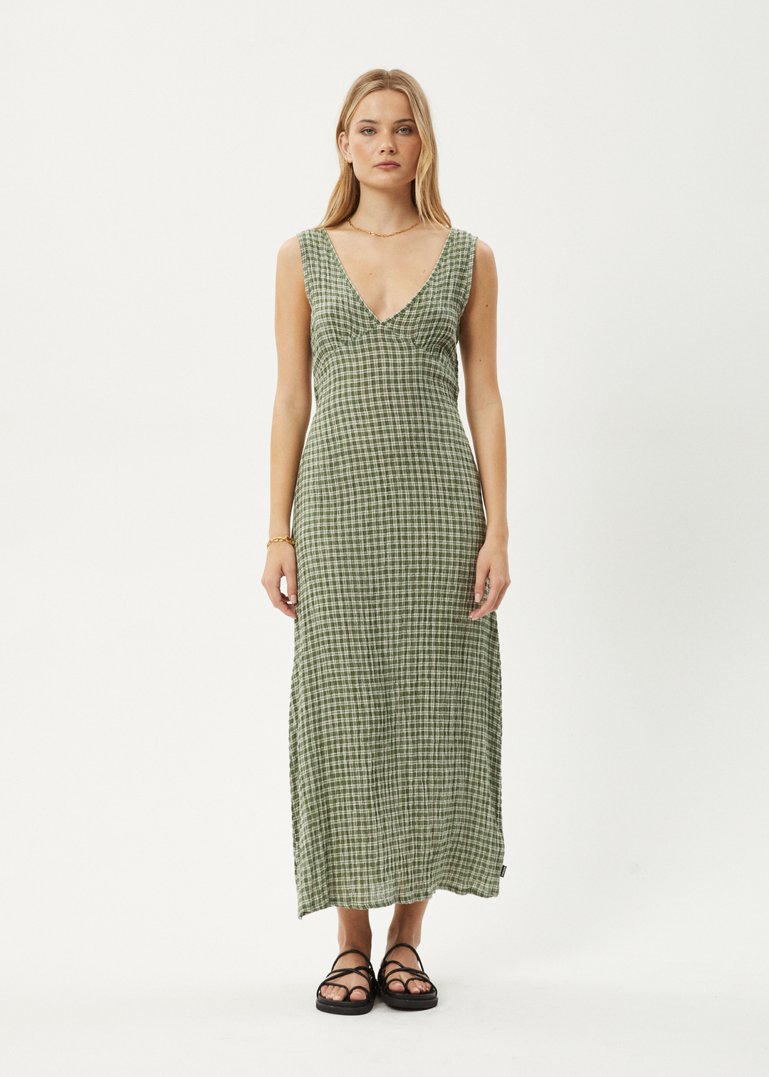 AFENDS Womens Base - Seersucker Check Maxi Dress - Deep Green Check 