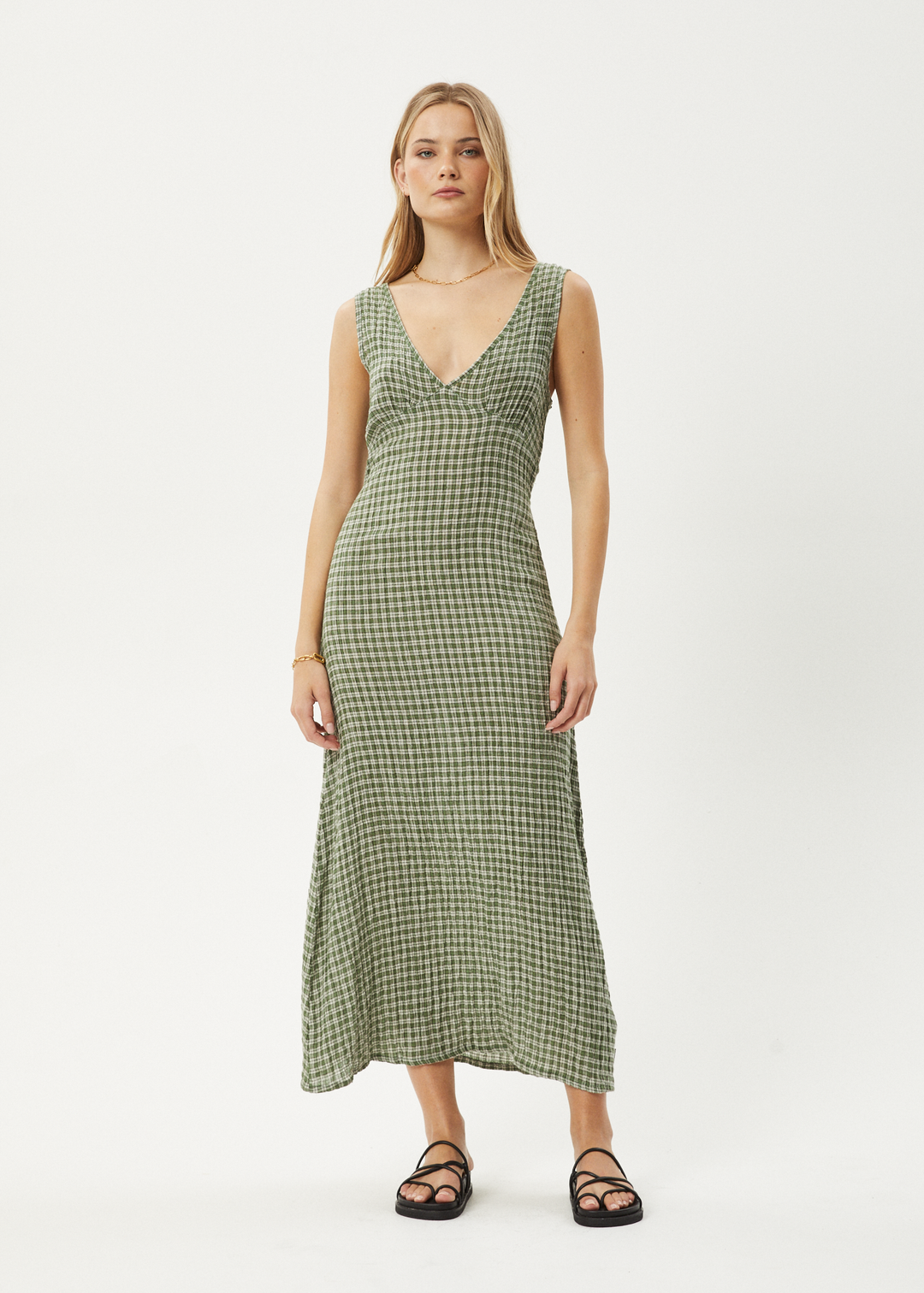 AFENDS Womens Base - Seersucker Check Maxi Dress - Deep Green Check 