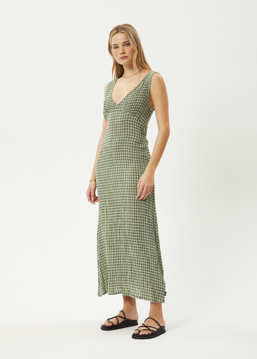 AFENDS Womens Base - Seersucker Check Maxi Dress - Deep Green Check 