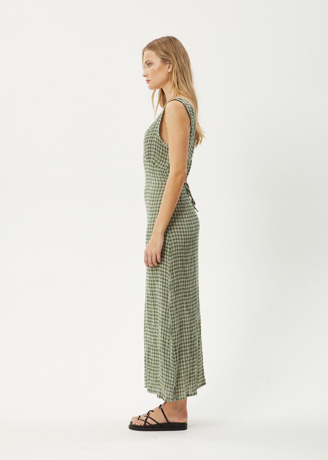 AFENDS Womens Base Seersucker Check Maxi Dress Deep Green Check