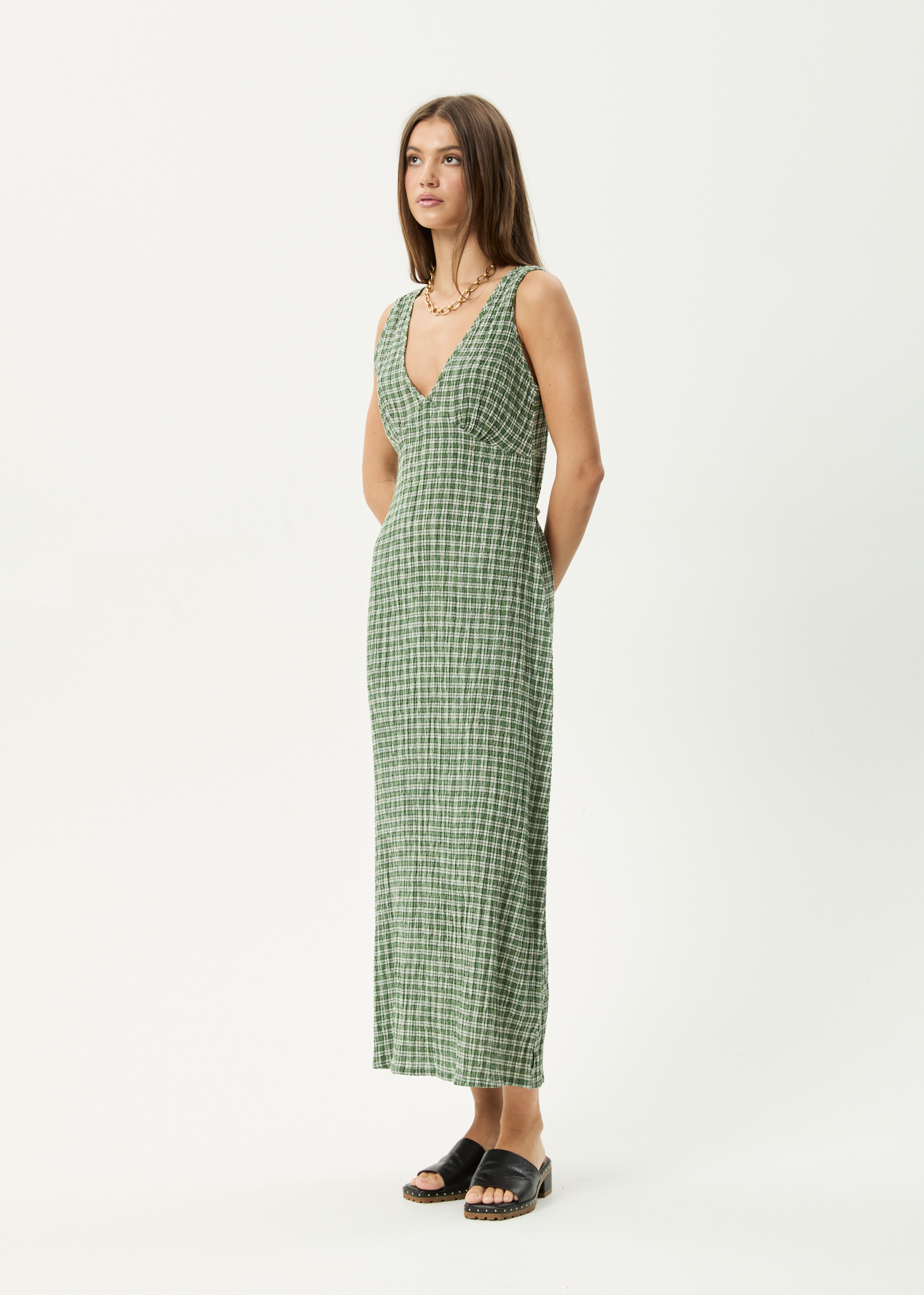 AFENDS Womens Base - Seersucker Maxi Dress - Deep Green Check