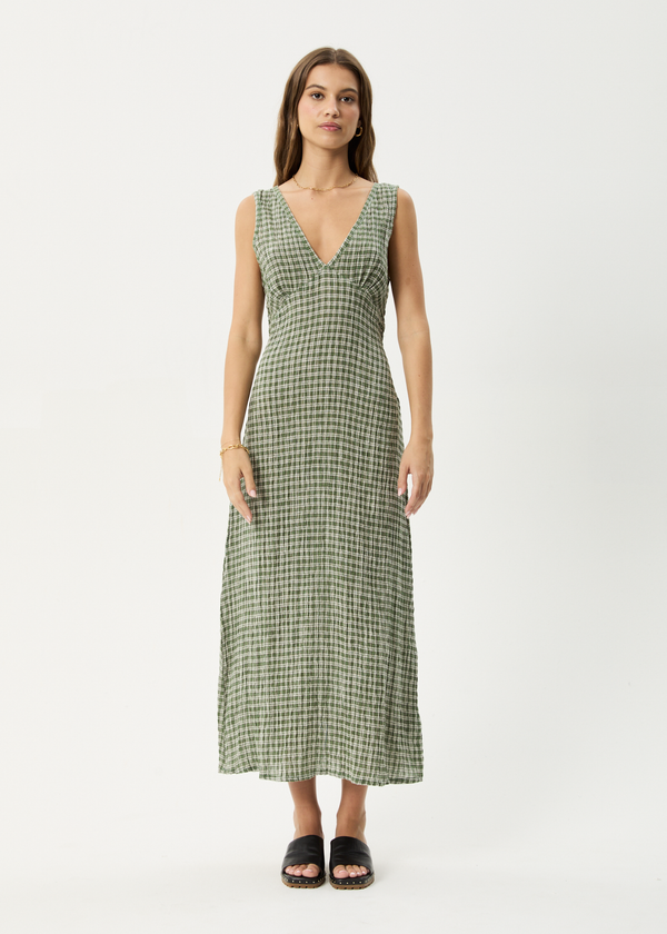 AFENDS Womens Base - Seersucker Check Maxi Dress - Deep Green Check