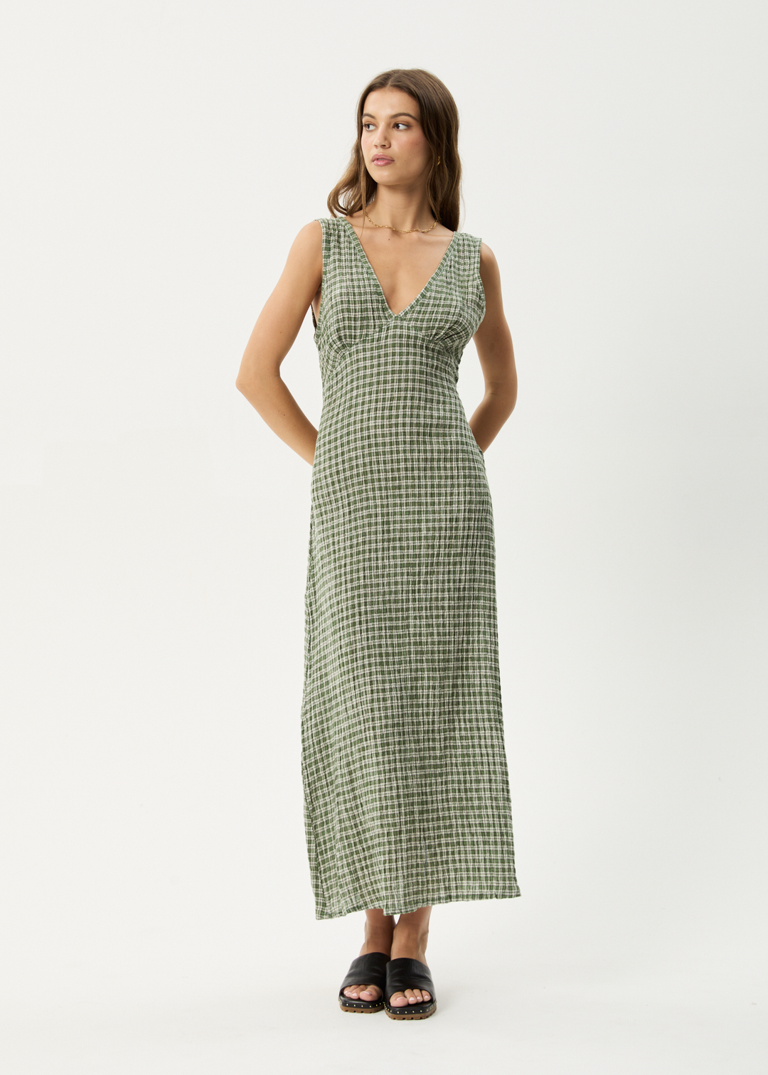 AFENDS Womens Base - Seersucker Check Maxi Dress - Deep Green Check