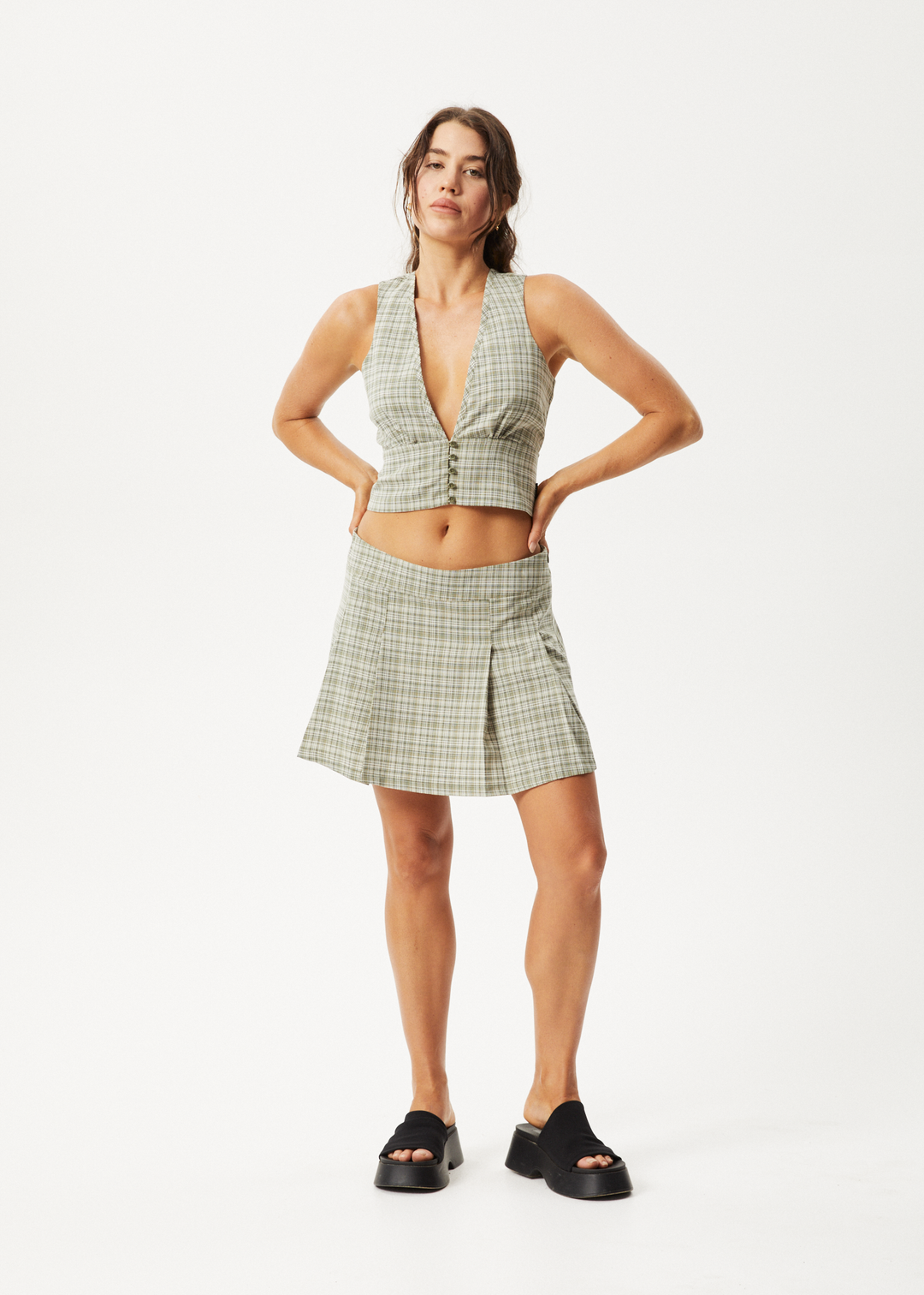 AFENDS Womens Willow Check - Mini Skirt - Military Check 