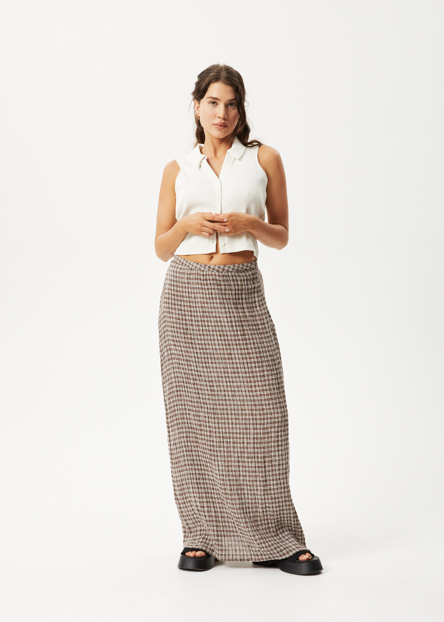 AFENDS Womens Base - Seersucker Maxi Skirt - Coffee Check