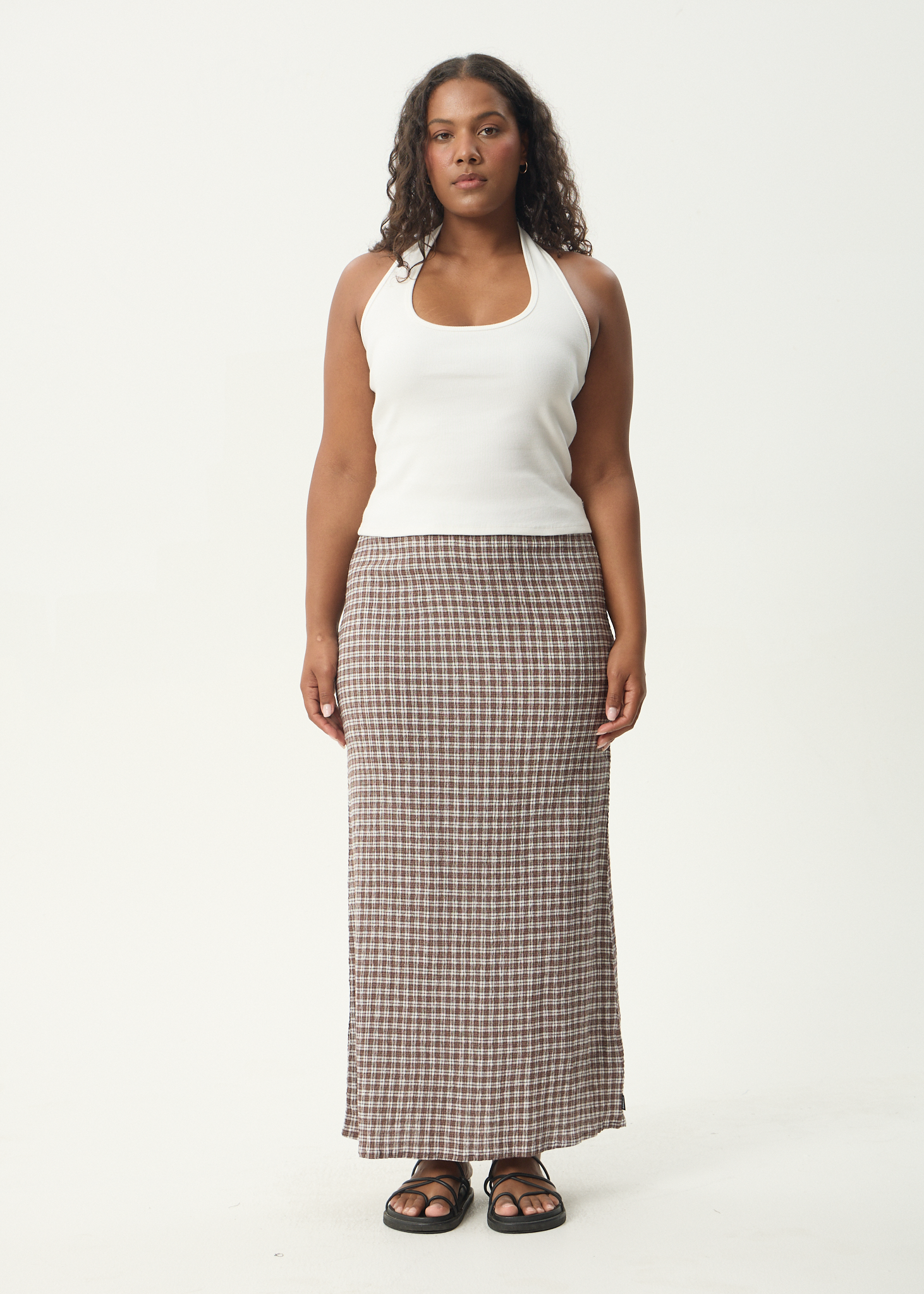 AFENDS Womens Base - Seersucker Maxi Skirt - Coffee Check