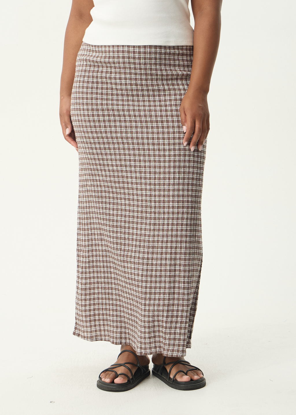 AFENDS Womens Base - Seersucker Maxi Skirt - Coffee Check