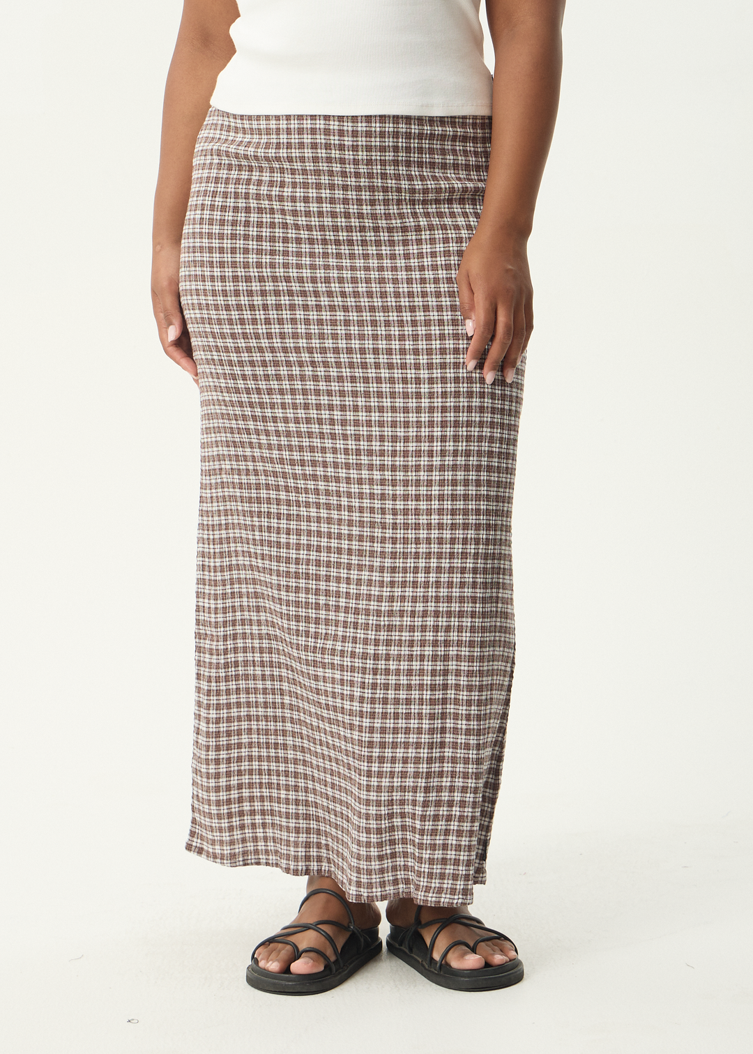 AFENDS Womens Base - Seersucker Maxi Skirt - Coffee Check