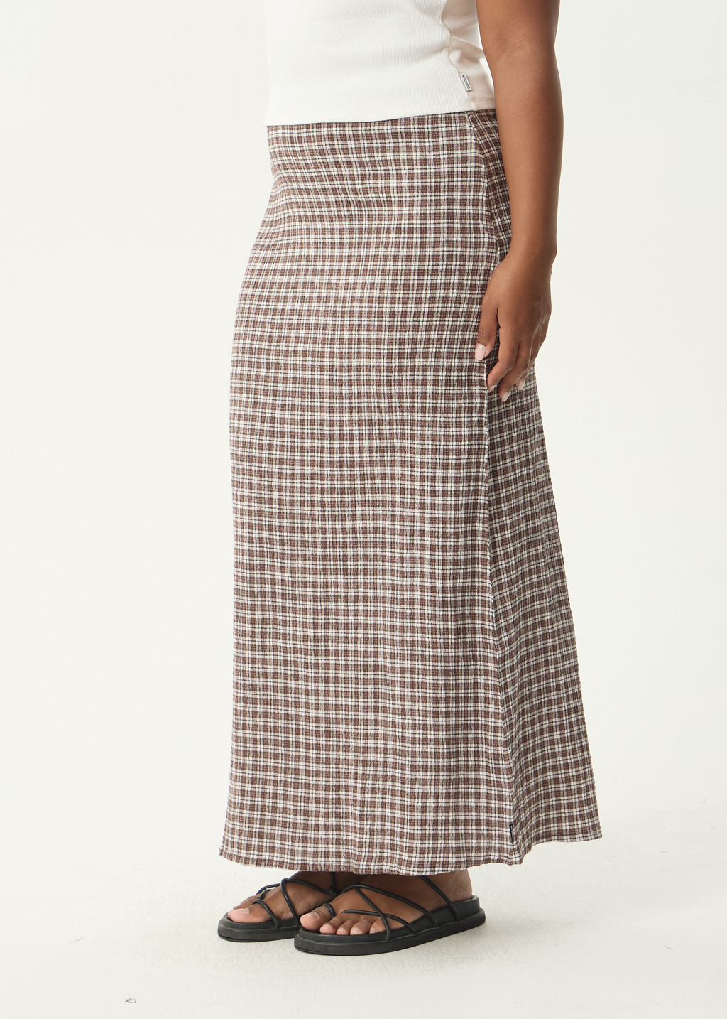 AFENDS Womens Base - Seersucker Maxi Skirt - Coffee Check