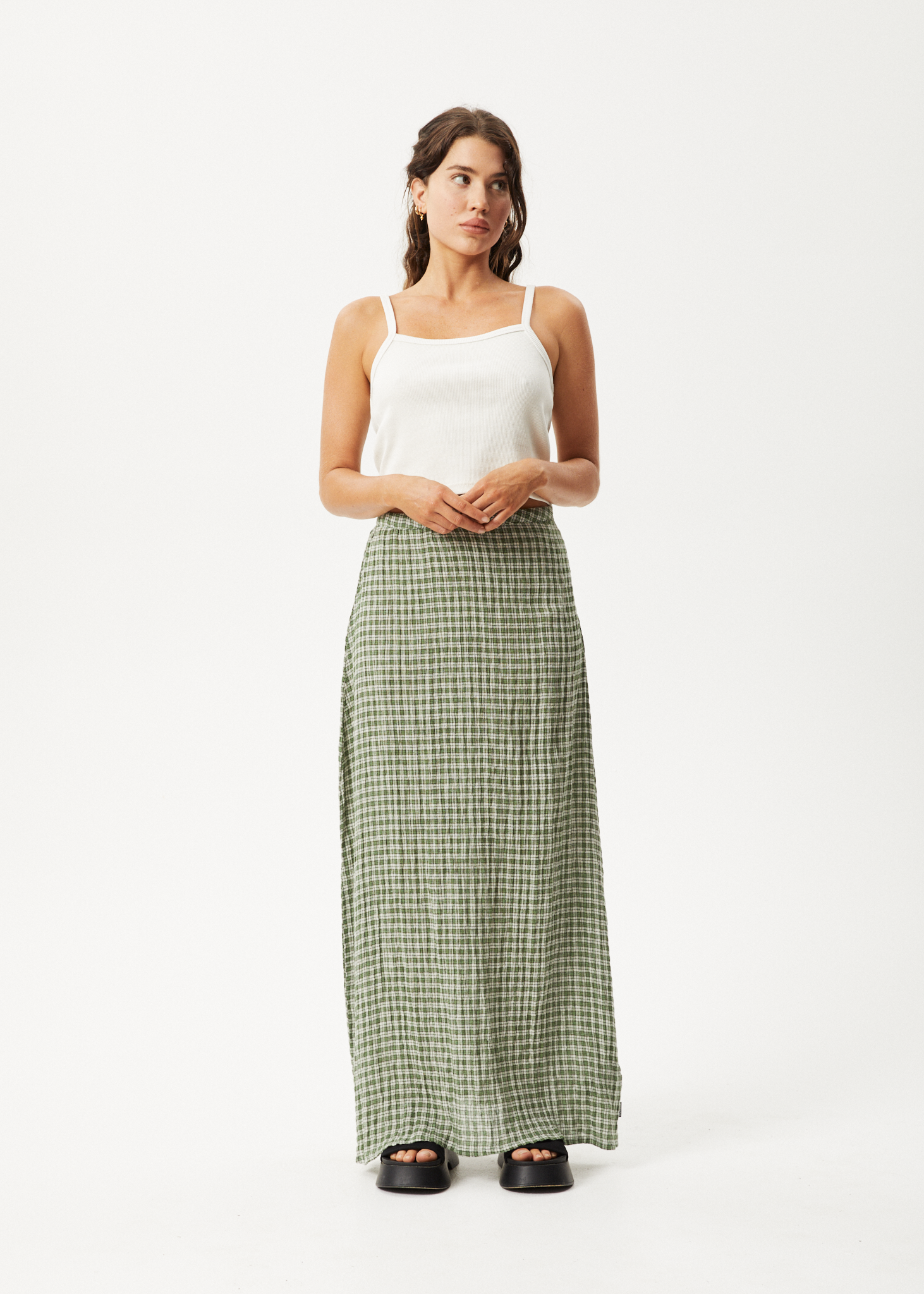 AFENDS Womens Base - Seersucker Maxi Skirt - Deep Green Check