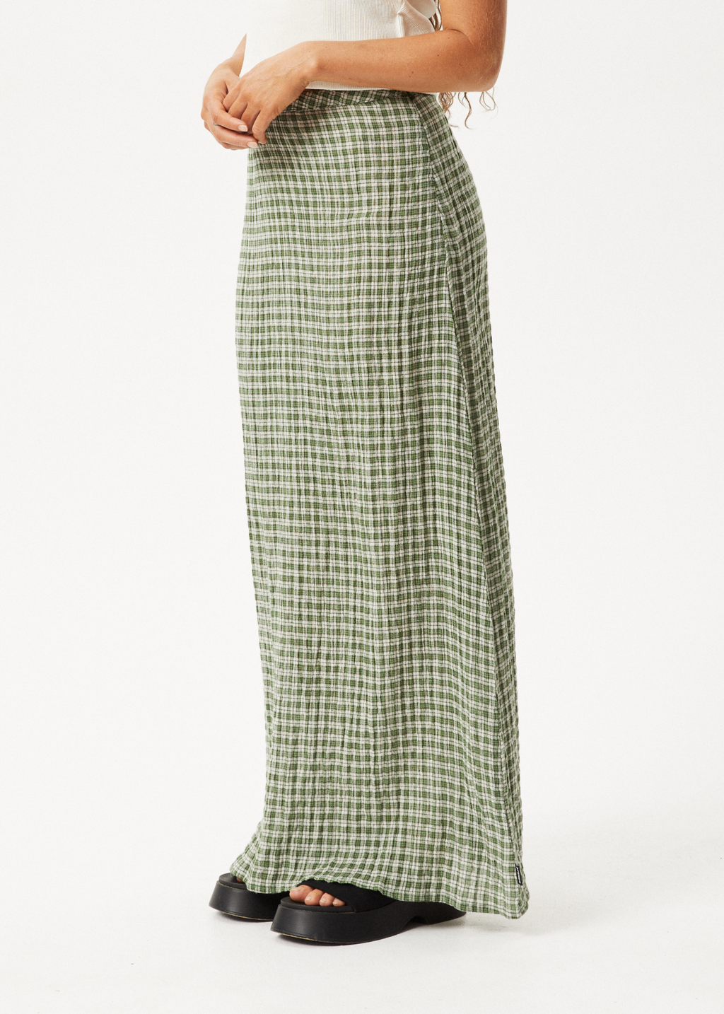 AFENDS Womens Base - Seersucker Maxi Skirt - Deep Green Check