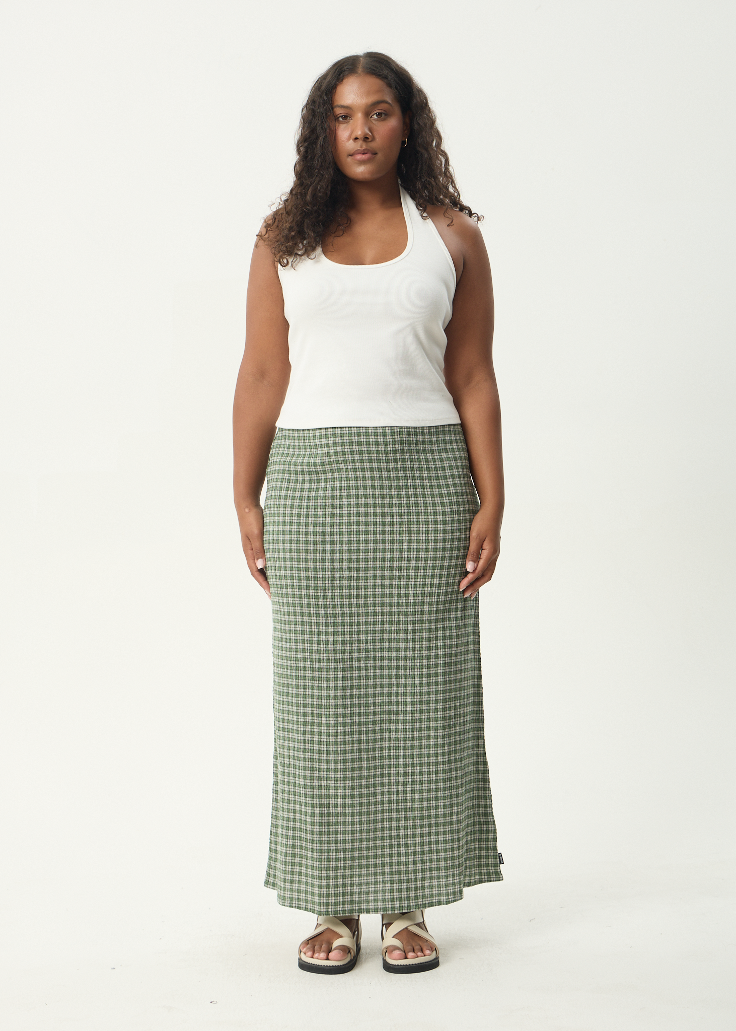 AFENDS Womens Base - Seersucker Maxi Skirt - Deep Green Check