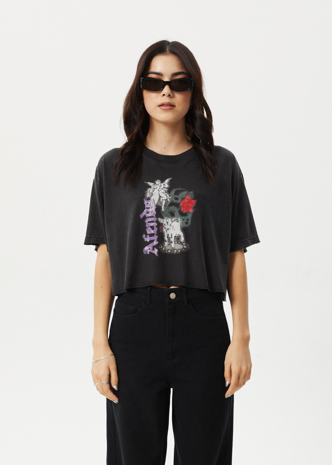 AFENDS Womens Nirvana Cropped - Oversized Tee - Stone Black 