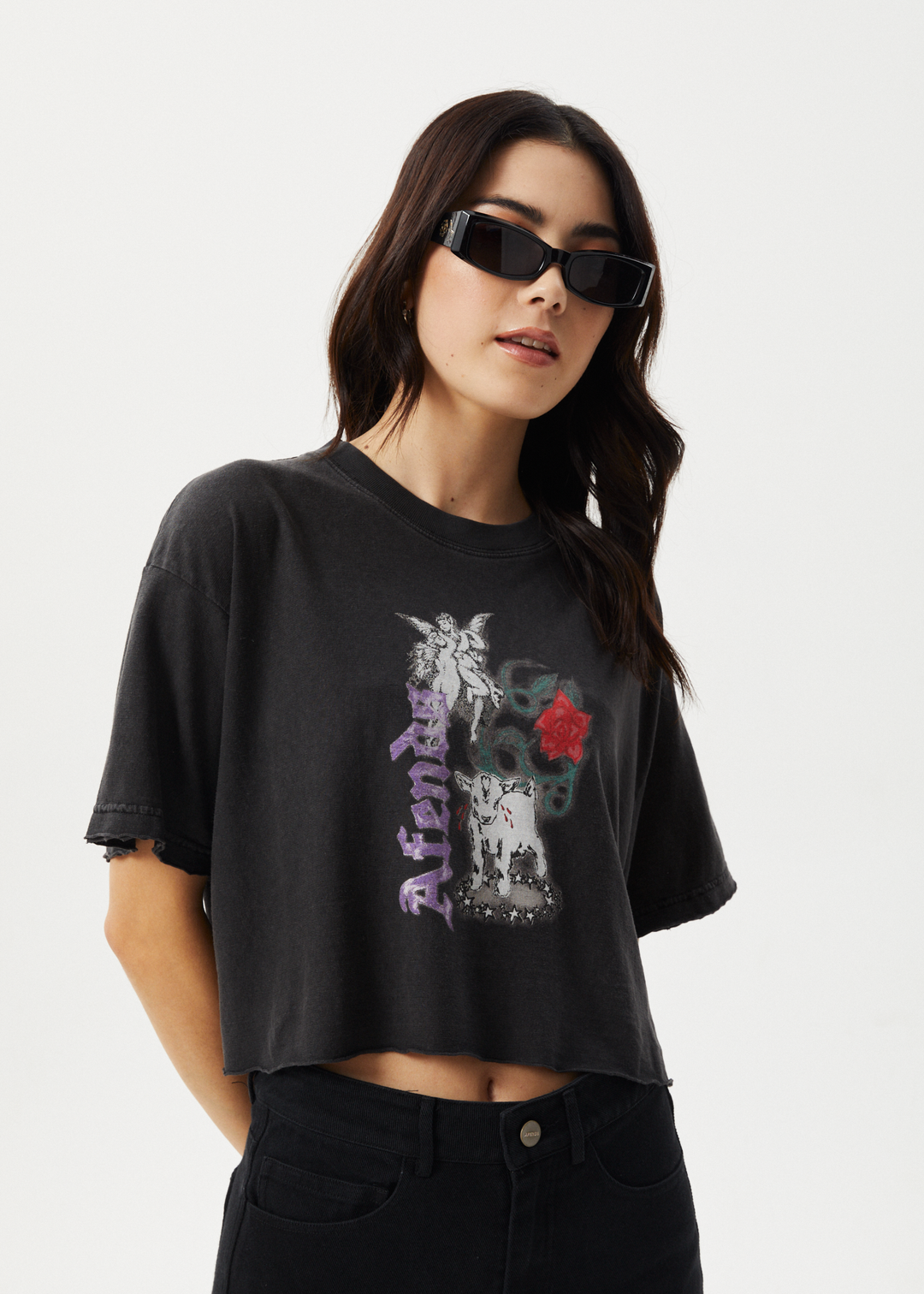 AFENDS Womens Nirvana Cropped - Oversized Tee - Stone Black 