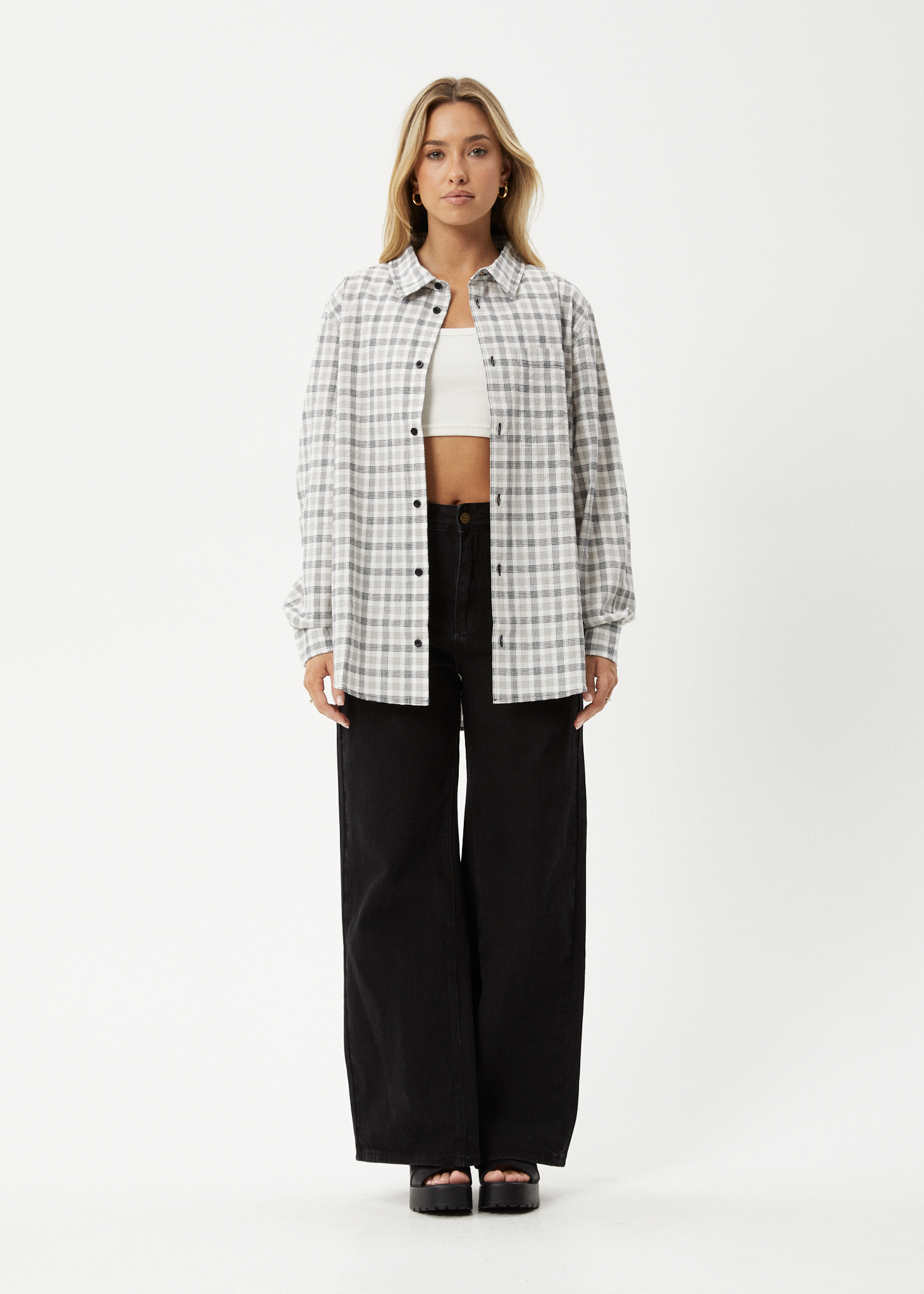 AFENDS Womens Leo - Seersucker Check Shirt - Black / White