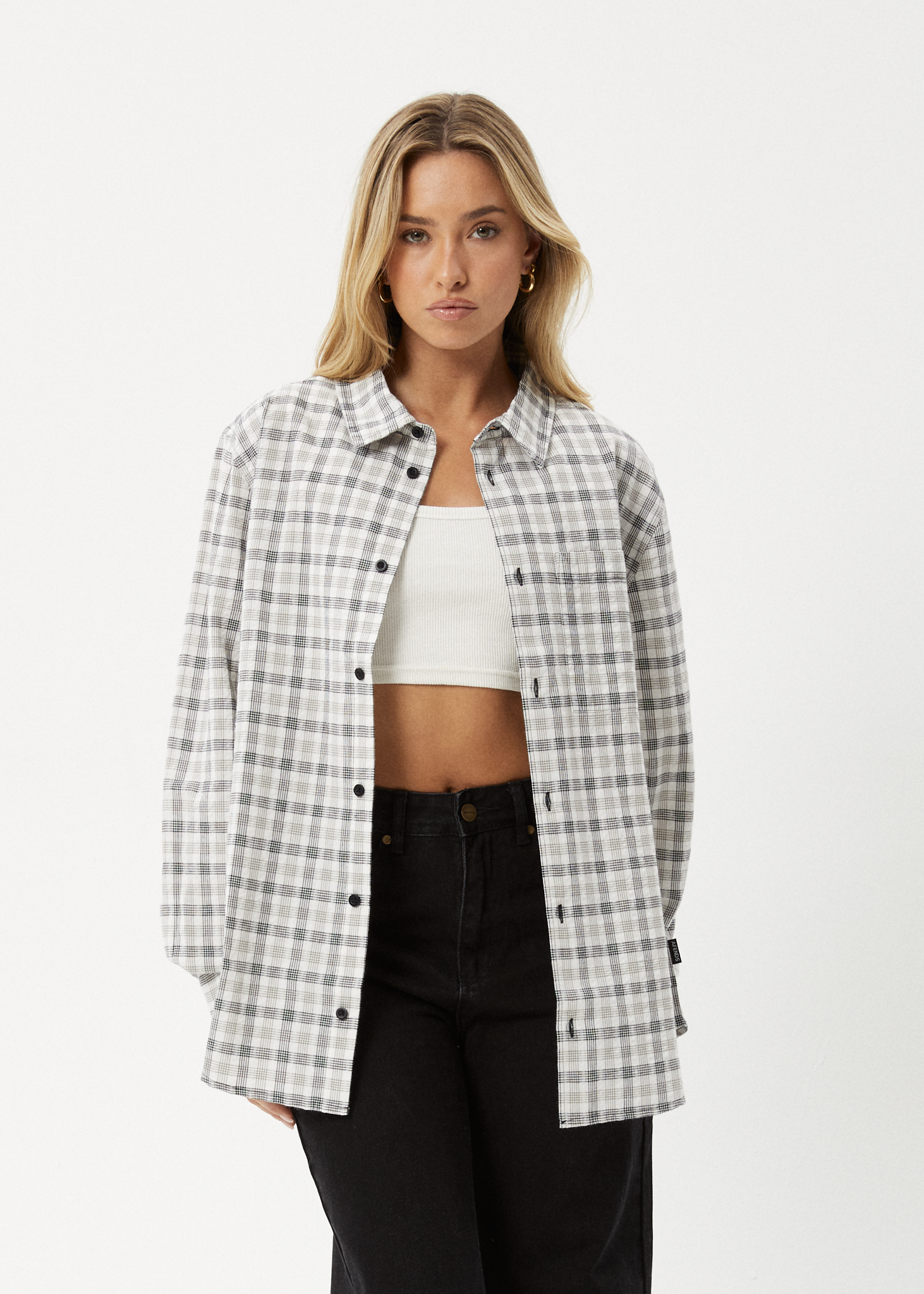 AFENDS Womens Leo - Seersucker Check Shirt - Black / White