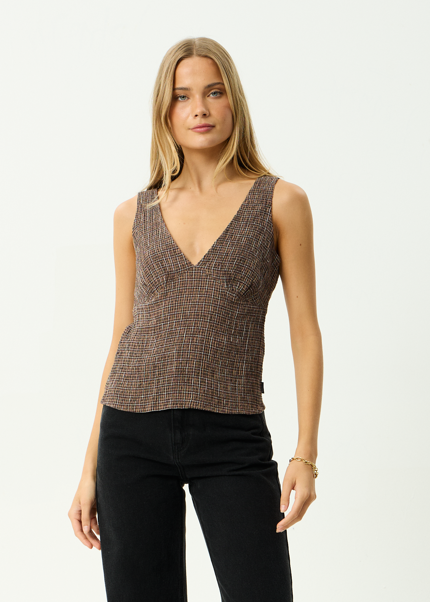 AFENDS Womens Giselle Hometown - Seersucker Top - Coffee