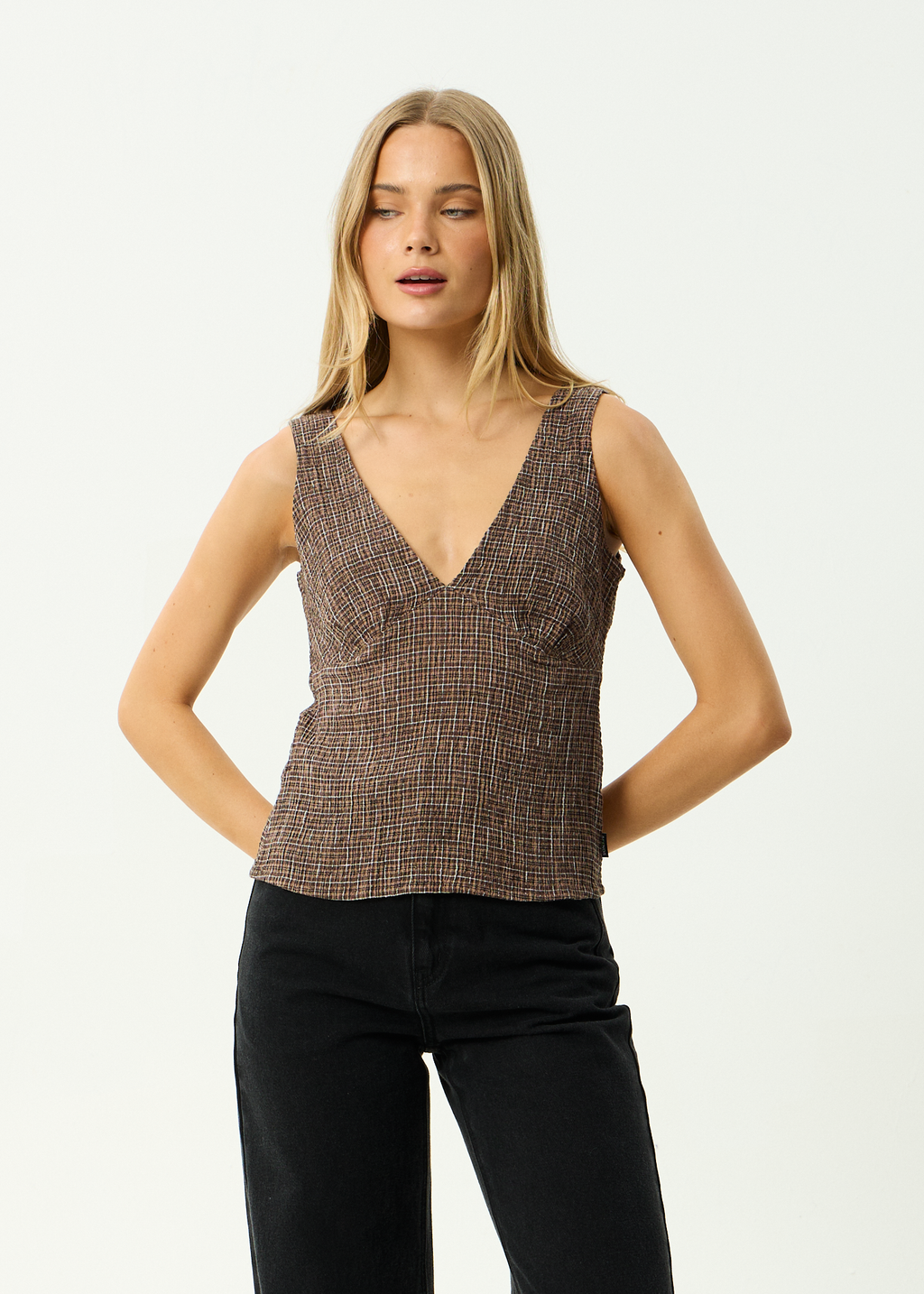 AFENDS Womens Giselle Hometown - Seersucker Top - Coffee