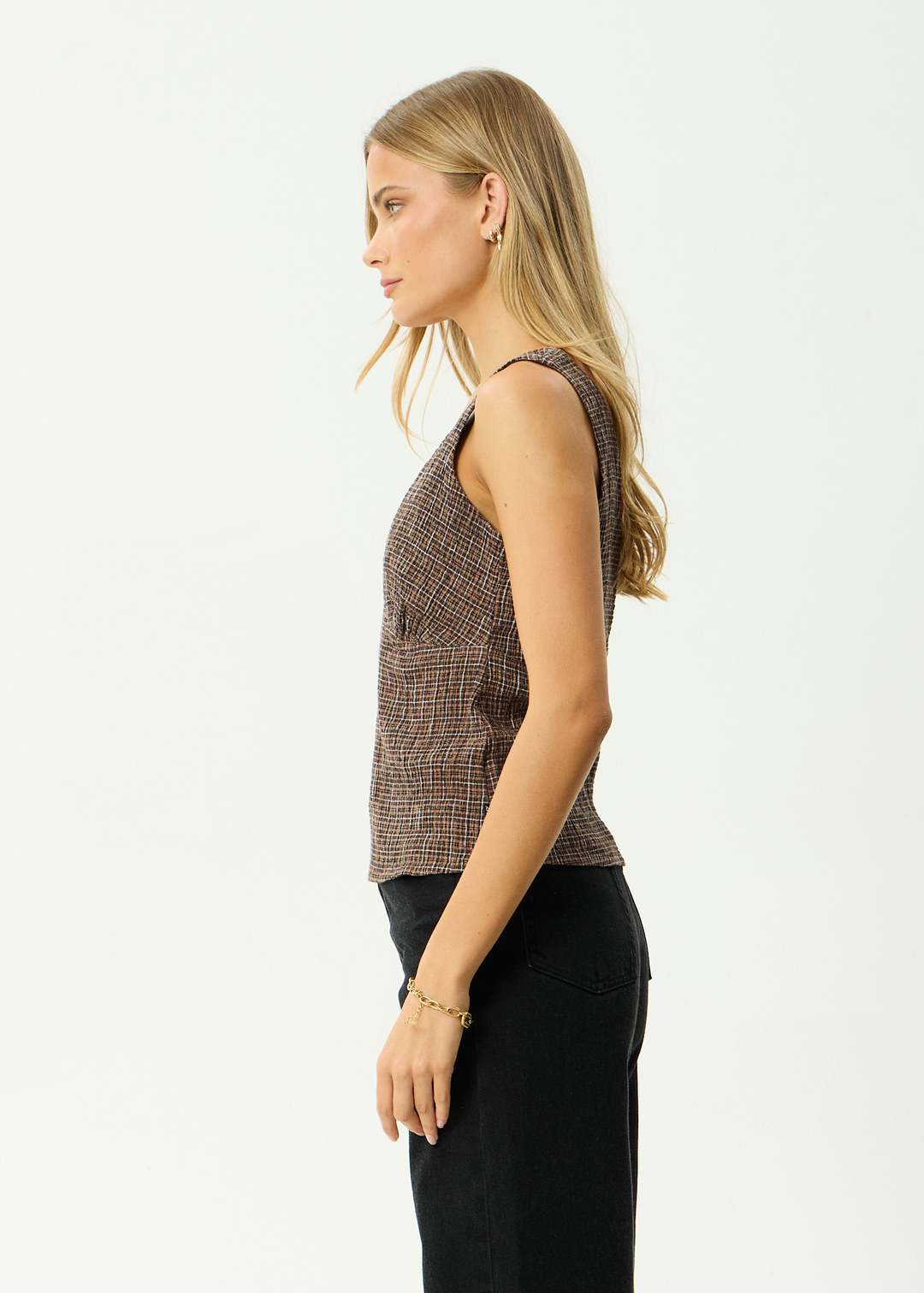 AFENDS Womens Giselle Hometown - Seersucker Top - Coffee