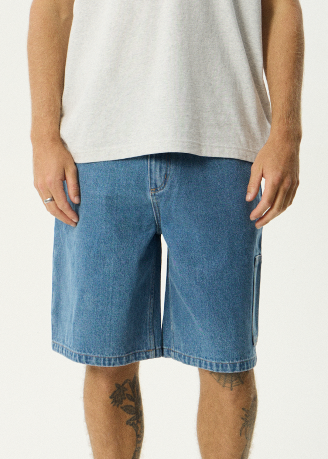 AFENDS Mens Scorched Harper - Denim Baggy Workwear Short 22" - Worn Blue