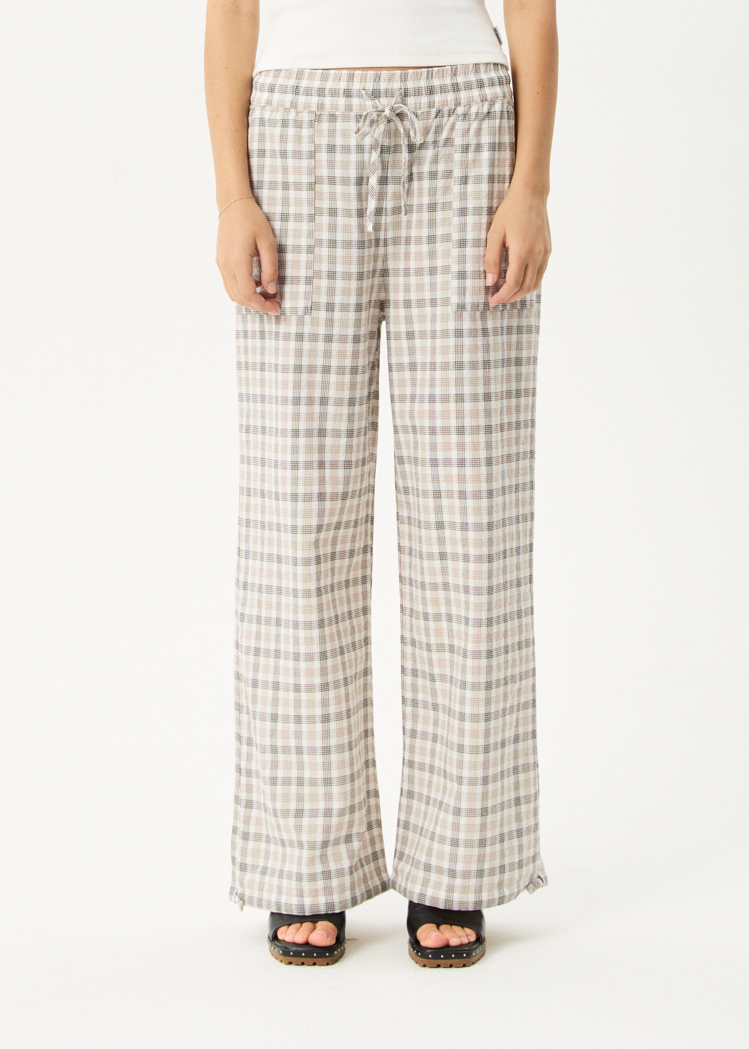 AFENDS Womens Leo - Seersucker Wide Leg Pant - Coffee / White