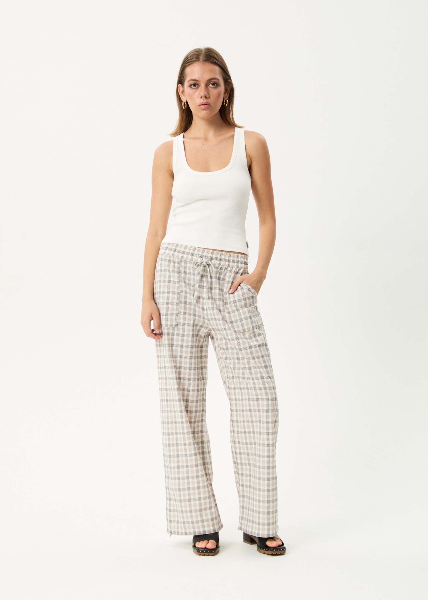 AFENDS Womens Leo - Seersucker Wide Leg Pant - Coffee / White