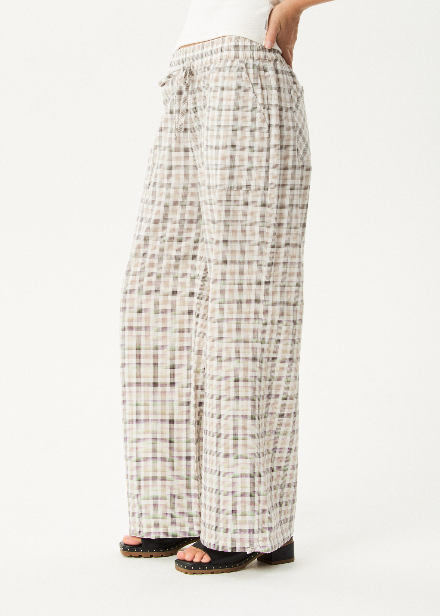 AFENDS Womens Leo - Seersucker Wide Leg Pant - Coffee / White