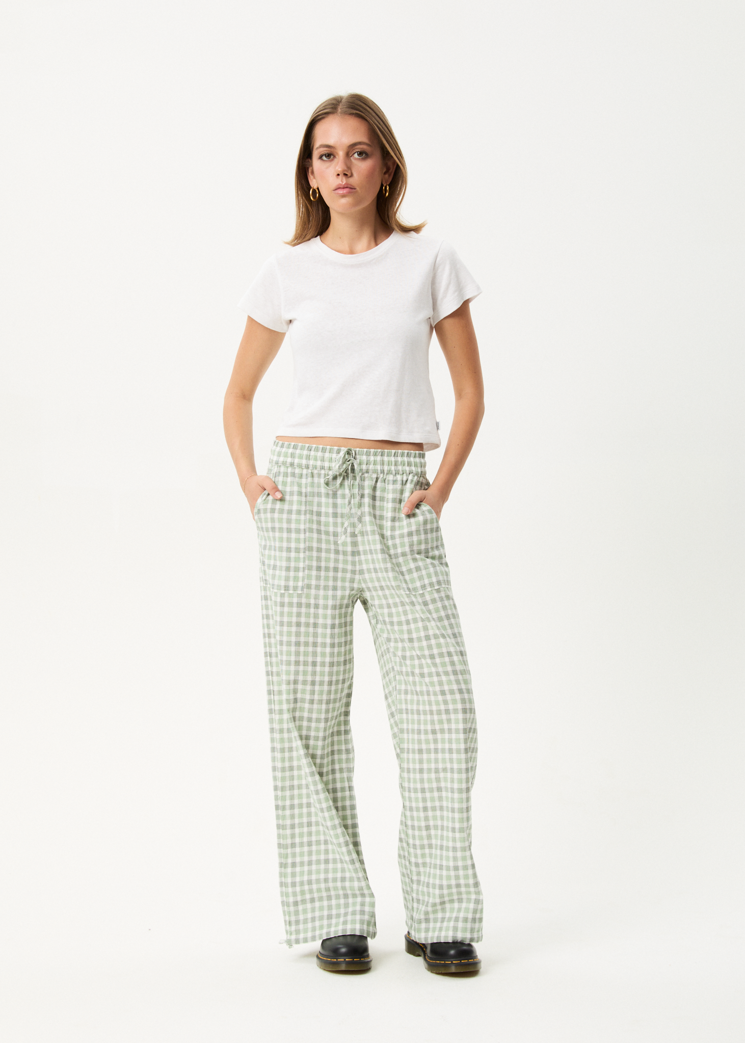 AFENDS Womens Leo - Seersucker Wide Leg Pant - Green / White