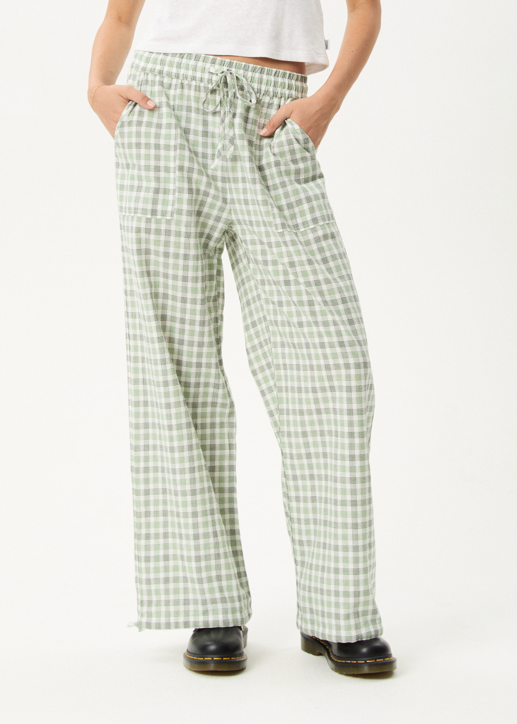 AFENDS Womens Leo - Seersucker Wide Leg Pant - Green / White