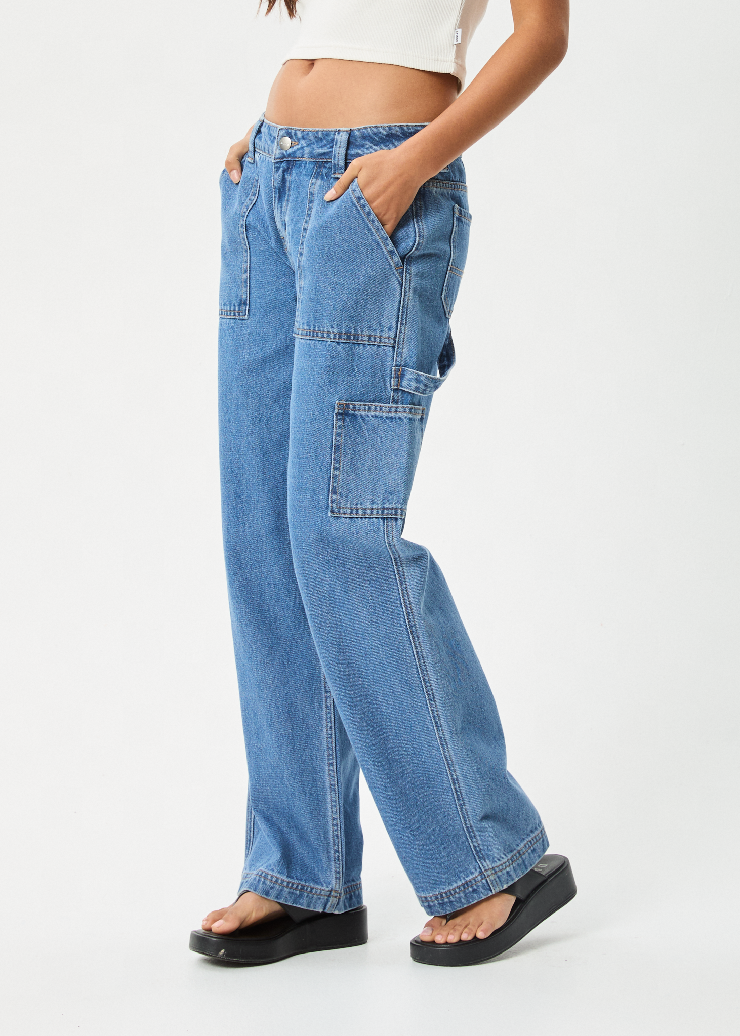 AFENDS Womens Lexi - Low Rise Workwear Jean - Worn Blue