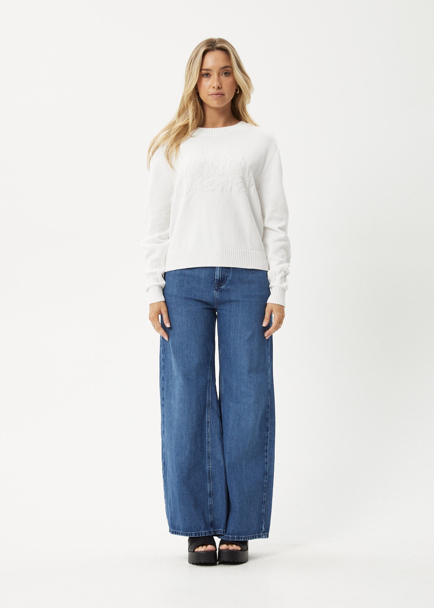 AFENDS Womens Inferno - Knit Crew Neck Jumper - White