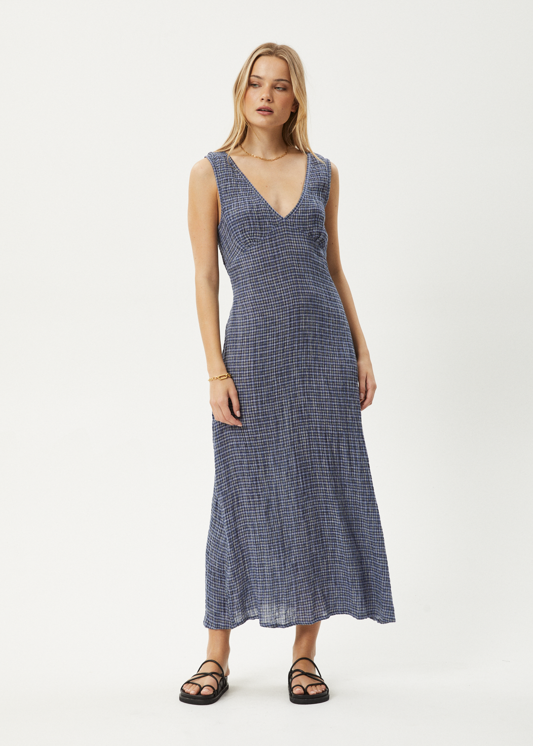 AFENDS Womens Shipwreck - Seersucker Check Maxi Dress - Marlin 