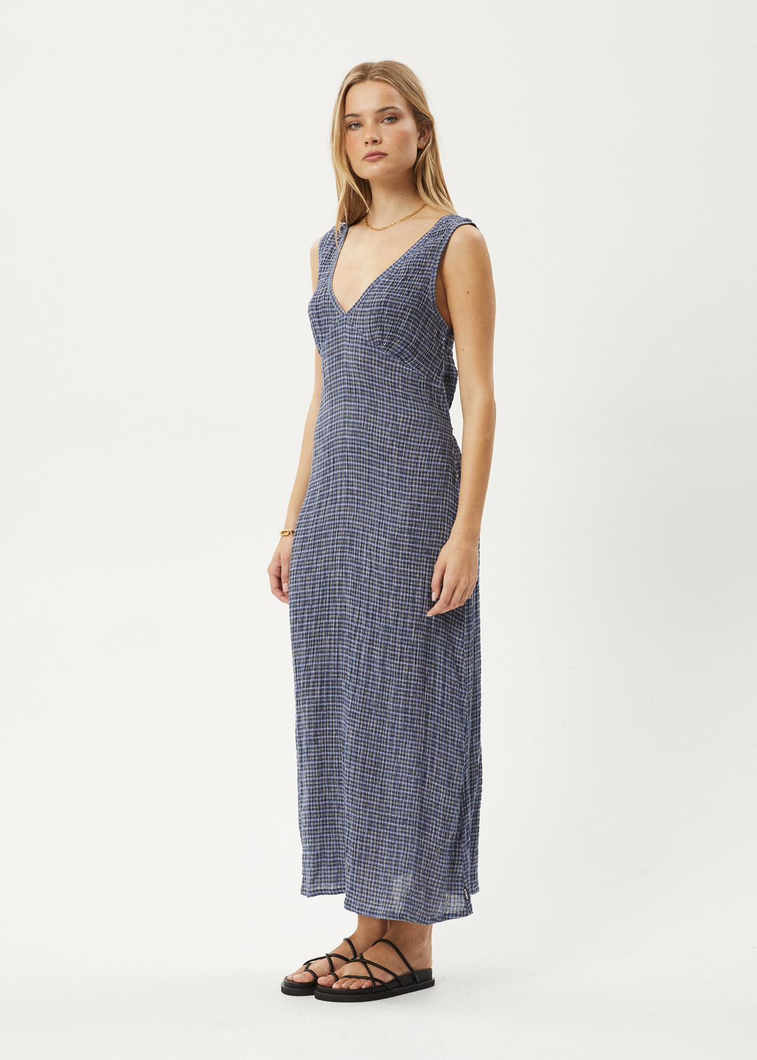 AFENDS Womens Shipwreck - Seersucker Check Maxi Dress - Marlin 