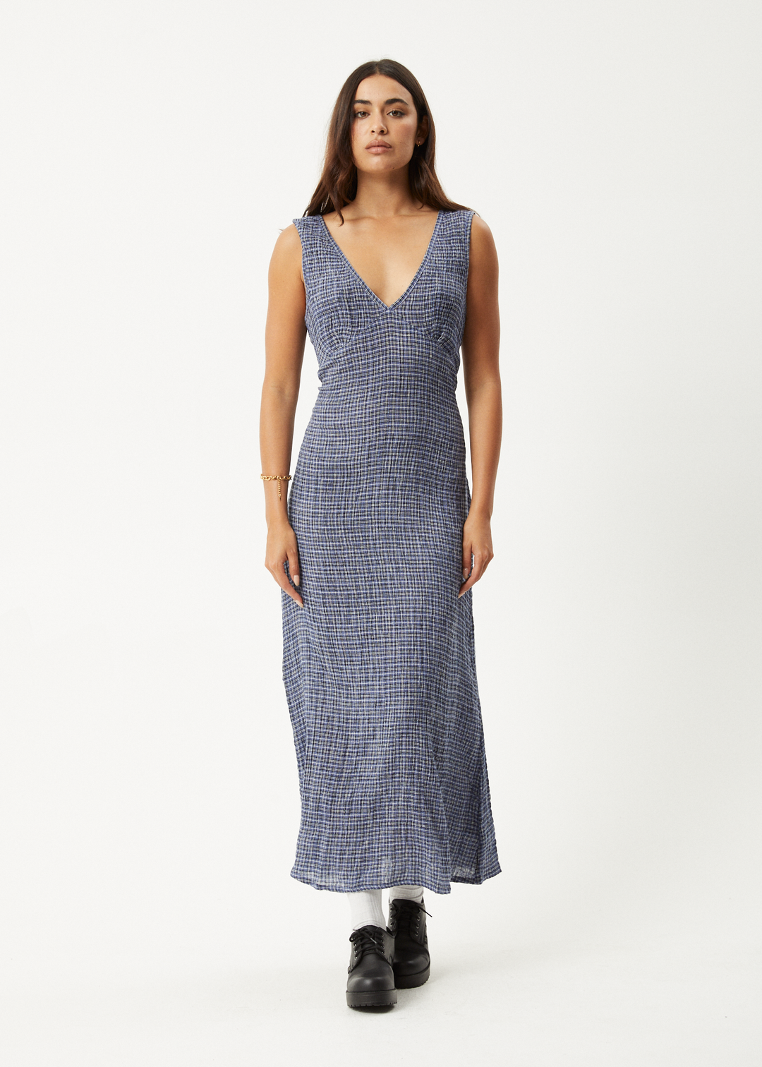 AFENDS Womens Shipwreck - Seersucker Check Maxi Dress - Marlin 