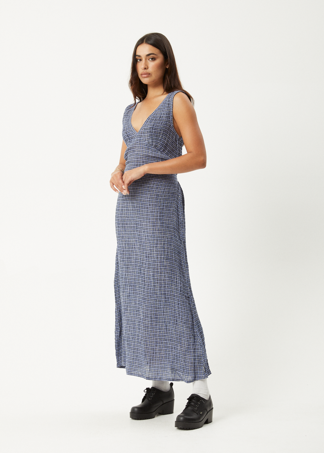 AFENDS Womens Shipwreck - Seersucker Check Maxi Dress - Marlin 