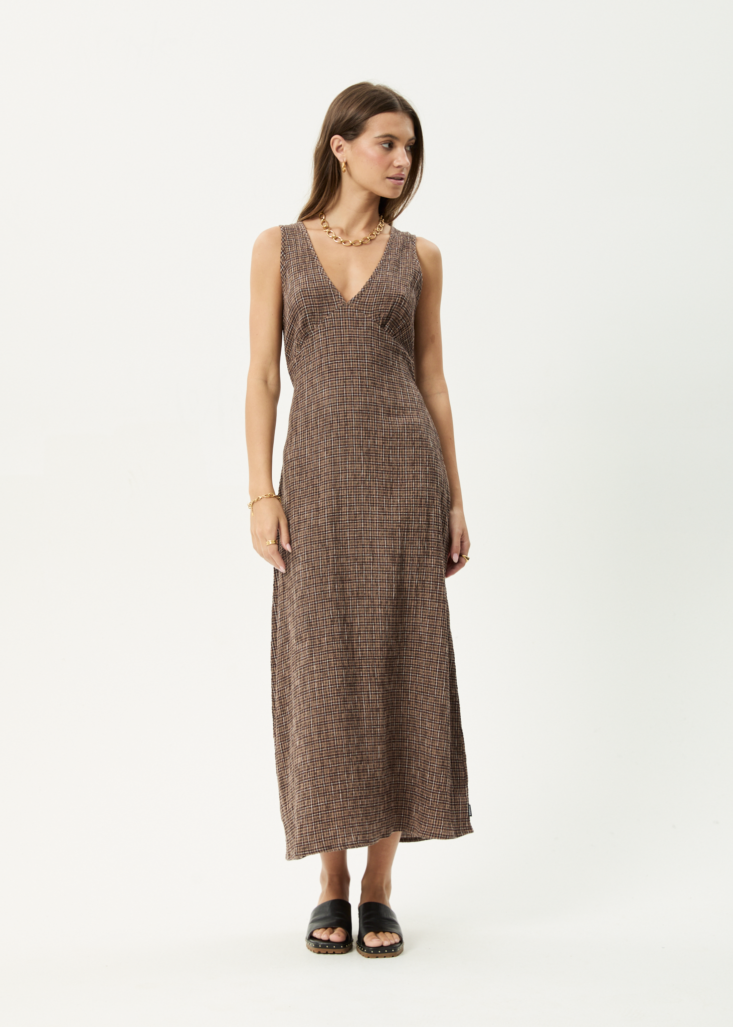 AFENDS Womens Hometown - Seersucker Maxi Dress - Coffee