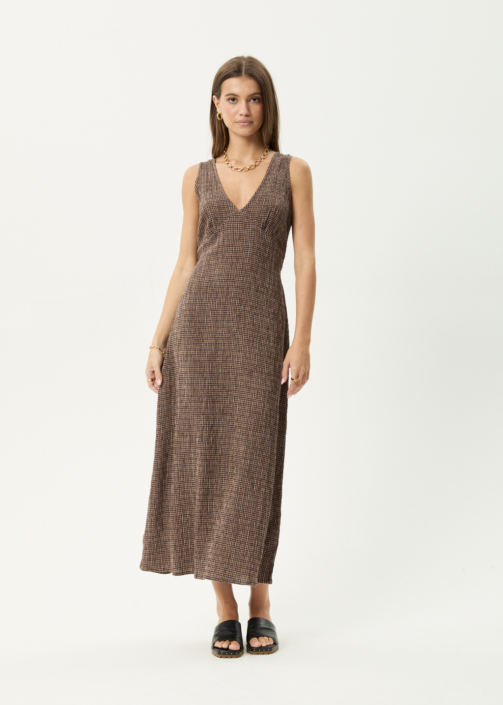 AFENDS Womens Hometown - Seersucker Maxi Dress - Coffee