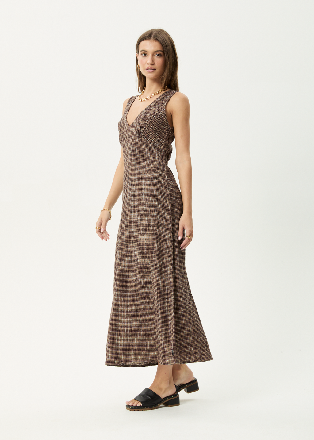 AFENDS Womens Hometown - Seersucker Maxi Dress - Coffee