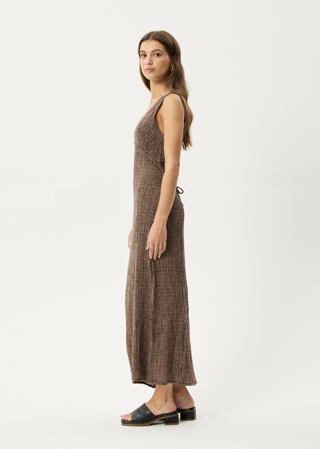 AFENDS Womens Hometown - Seersucker Check Maxi Dress - Coffee