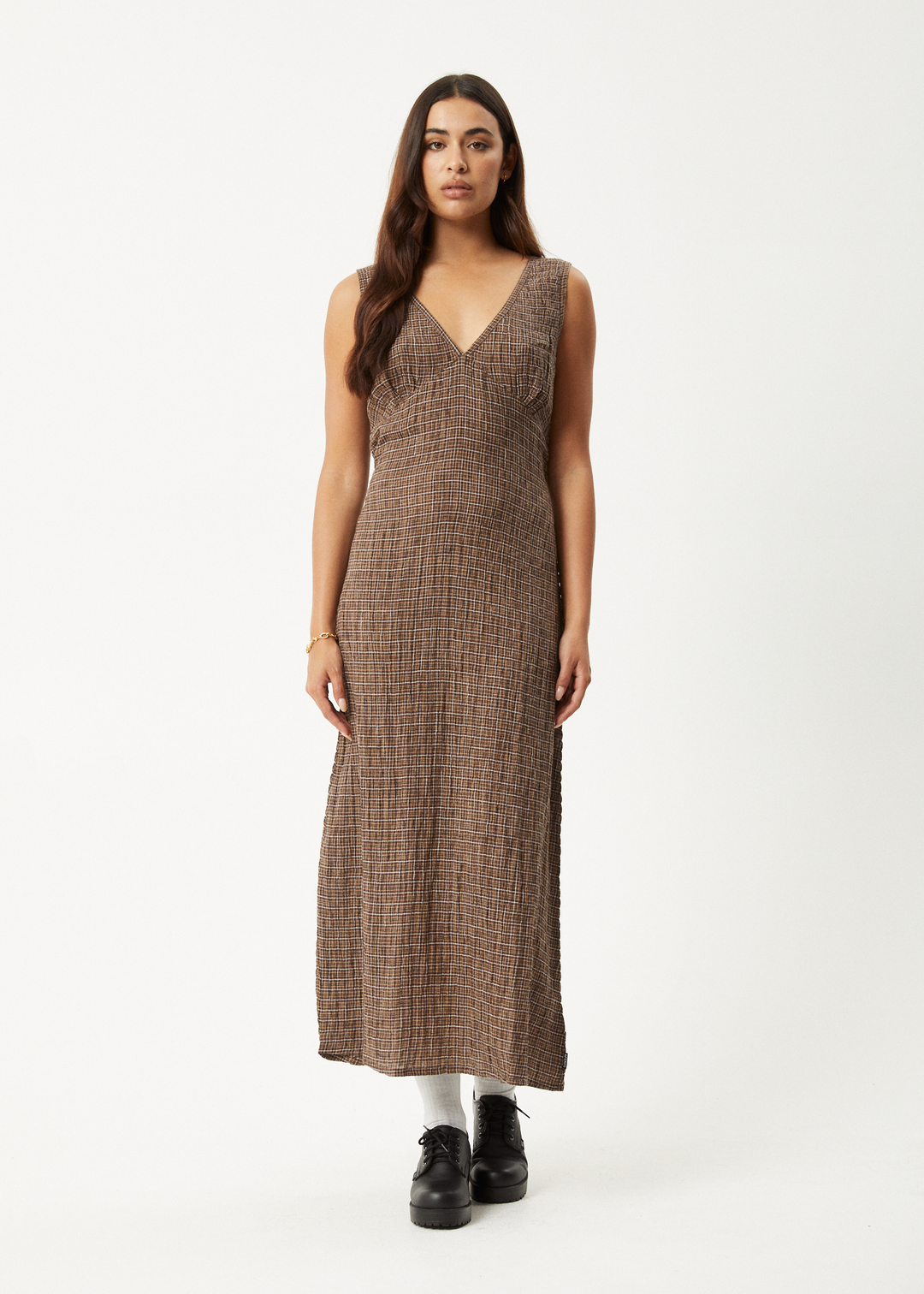 AFENDS Womens Hometown - Seersucker Check Maxi Dress - Coffee 