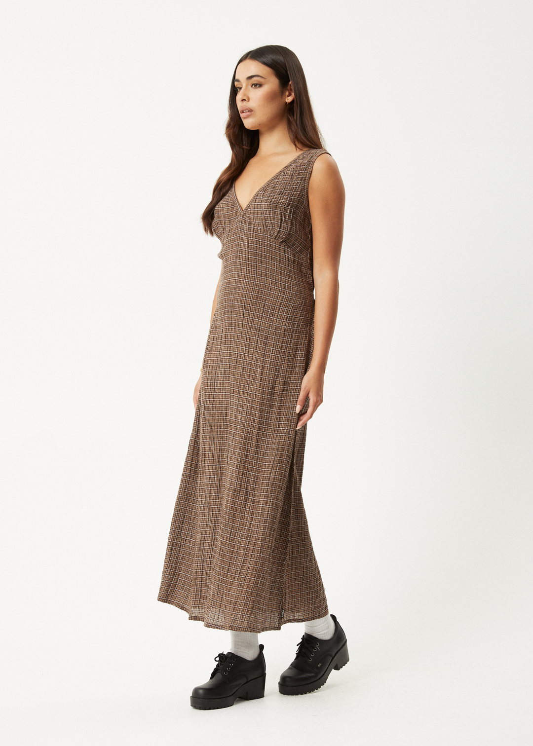 AFENDS Womens Hometown - Seersucker Check Maxi Dress - Coffee 