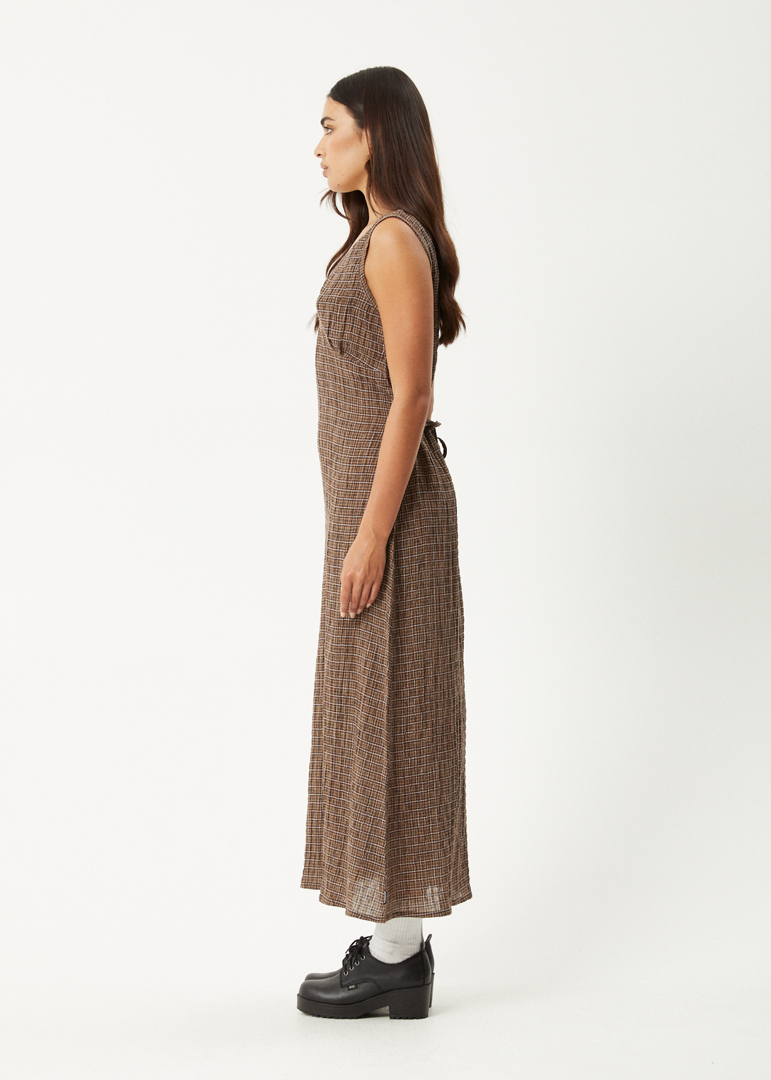 AFENDS Womens Hometown - Seersucker Check Maxi Dress - Coffee 