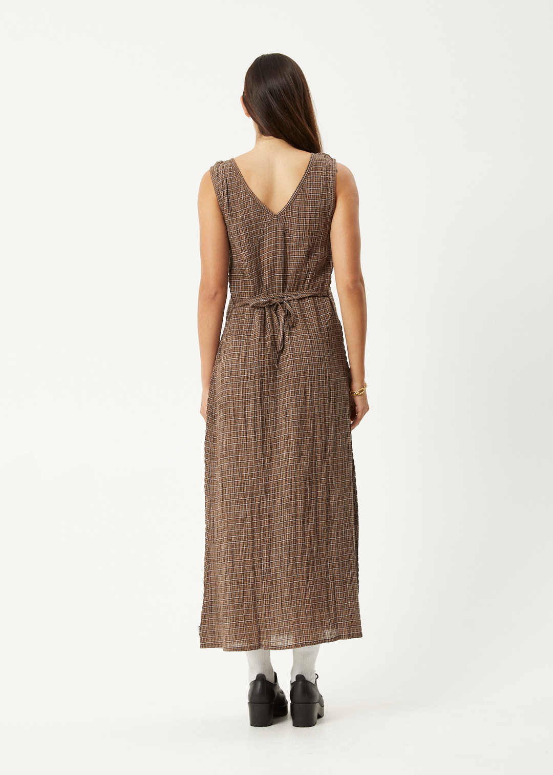 AFENDS Womens Hometown - Seersucker Check Maxi Dress - Coffee 