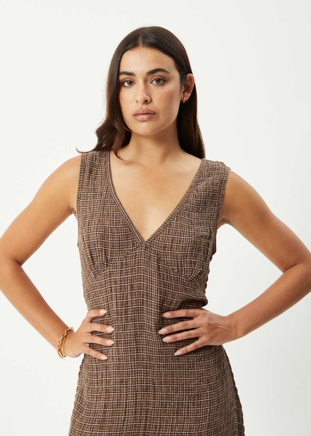 AFENDS Womens Hometown - Seersucker Check Maxi Dress - Coffee 