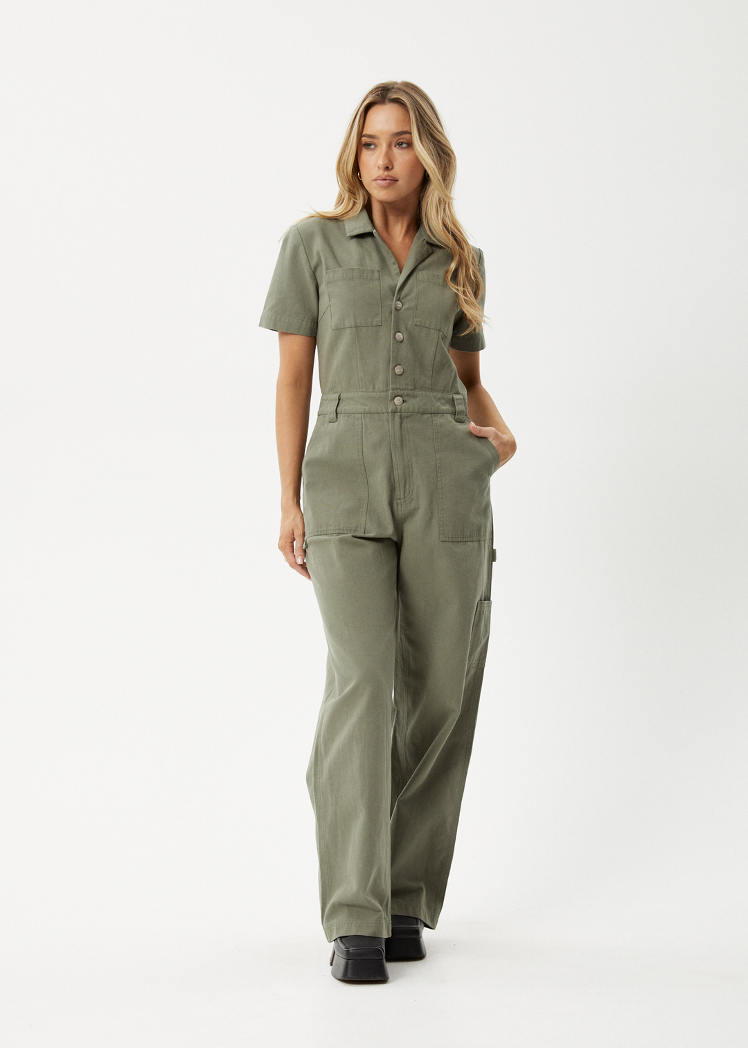 AFENDS Womens Mika - Canvas Jumpsuit - Olive 