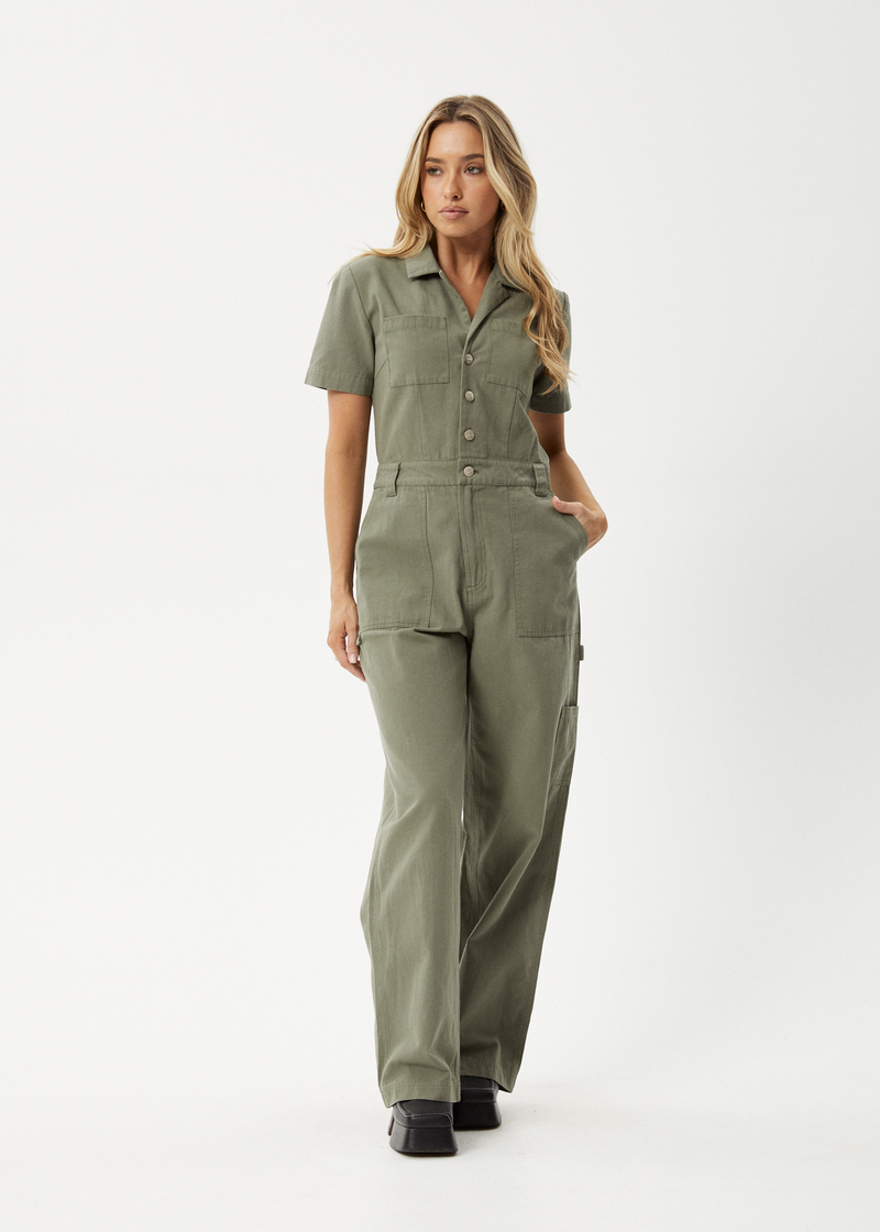 AFENDS Womens Mika - Canvas Jumpsuit - Olive
