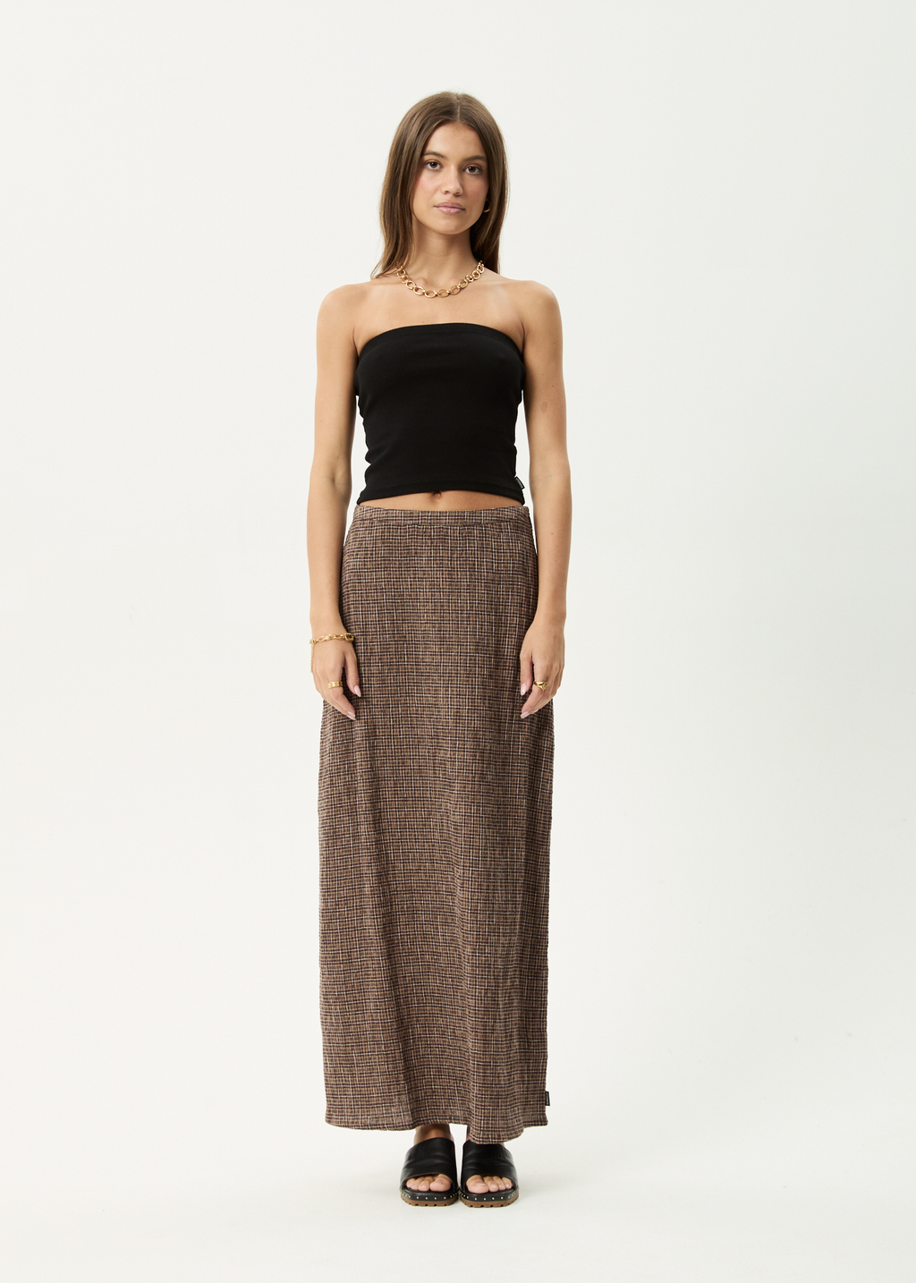 AFENDS Womens Hometown - Seersucker Maxi Skirt - Coffee