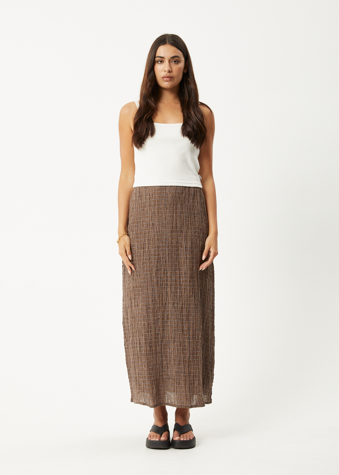 AFENDS Womens Hometown - Seersucker Check Skirt - Coffee 