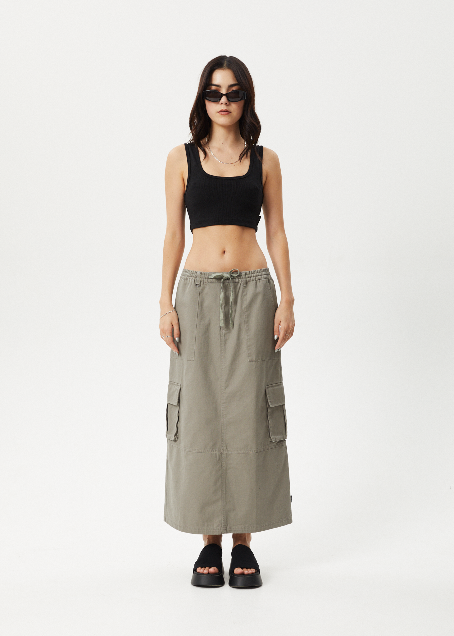 AFENDS Womens Tasman Cargo Maxi Skirt Grey Olive