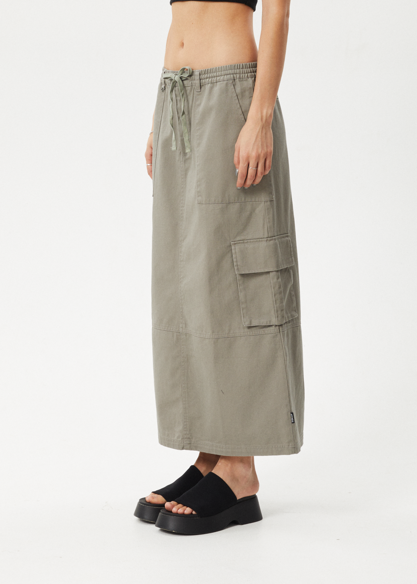 AFENDS Womens Tasman - Cargo Maxi Skirt - Grey Olive 
